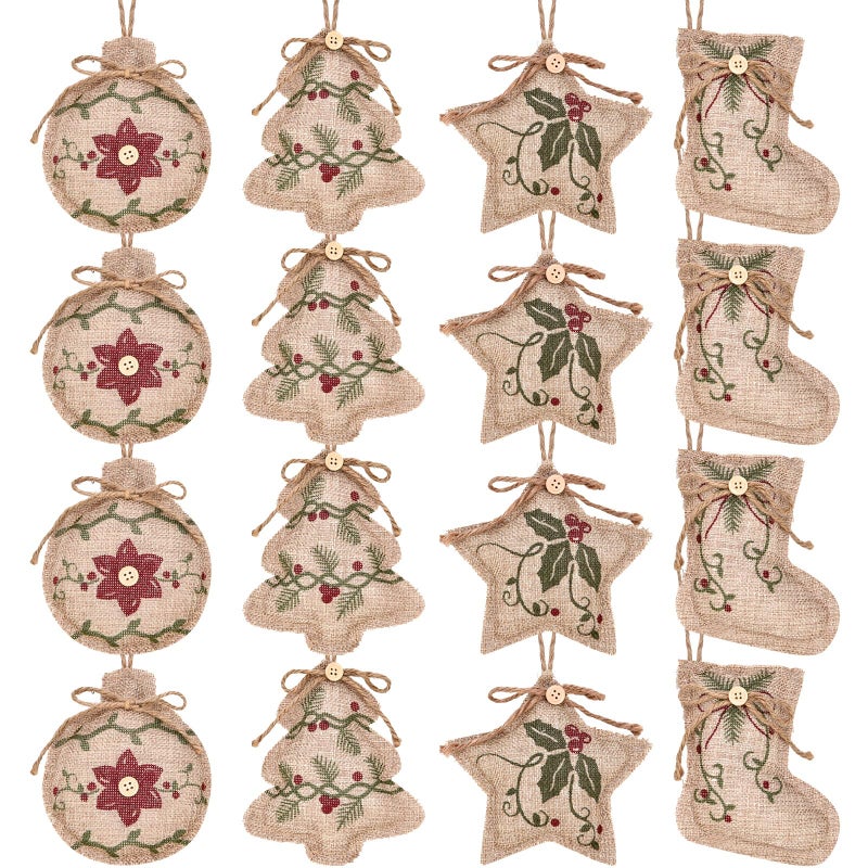 Jetec 12 Pieces Rustic Christmas Burlap Tree Ornaments Farmhouse Hanging Decorations Christmas Stocking Tree Ball Shaped Decor for Party - Image 1